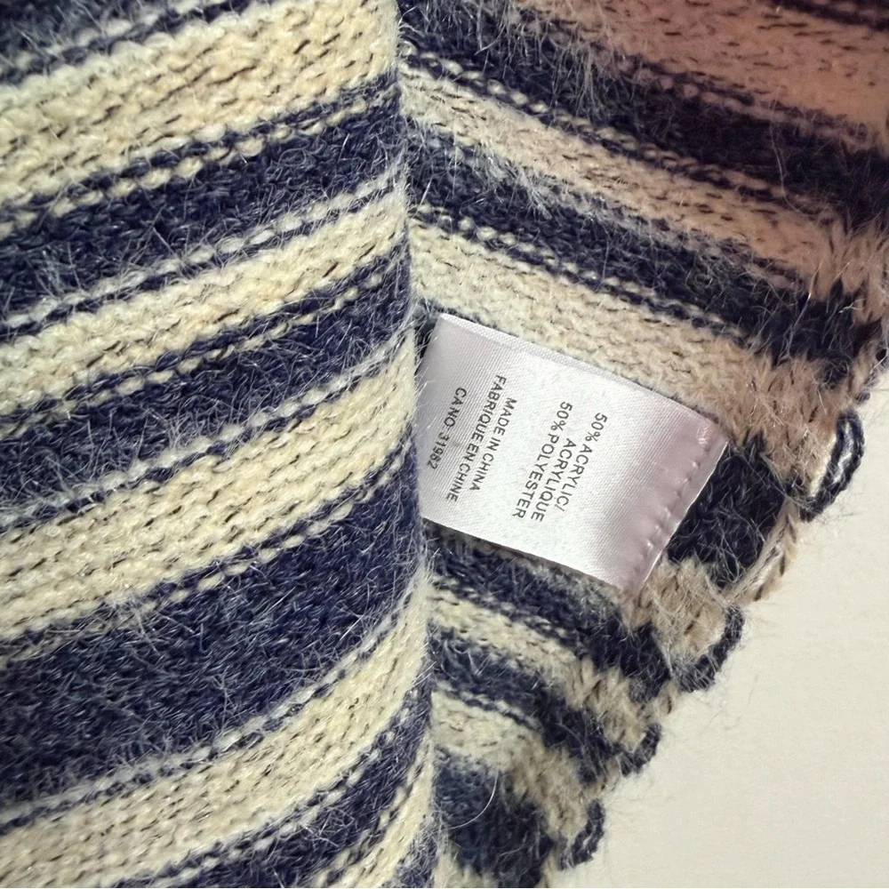 Minkas Striped Knit Poncho Cardigan Fringe Open Front Boho Shawl Wrap Sweater - Picture 8 of 9